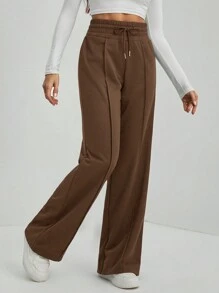 SHEIN Tall Solid Drawstring Waist Wide Leg Brown Sweatpants - Mocha Brown - View 6