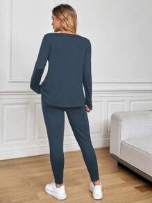 SHEIN LUNE 2pcs Women's Basic Black Leggings And T-Shirt Set, Winter New Arrival Homewear