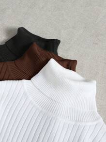 SHEIN LUNE Women Solid Color Turtleneck Long Sleeve Casual Sweater,3pcs In Fall/Winter - Coffee Brown - View 3