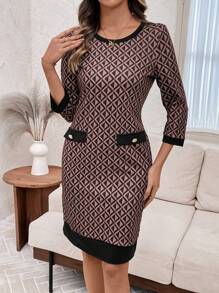 EMERY ROSE 女士纯色拼接圆领长袖口袋休闲短款工作连衣裙 - 粉色 - 查看 1