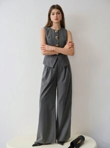 MOTF STUDIO FOLD PLEATED WIDE LEG TAILORED SUIT PANTS,SPRING/SUMMER - Grey - View 6