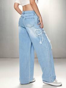 SHEIN EZwear 女士甜美復古寬腳牛仔褲，蝴蝶結和下午茶元素設計，藍色 - 淺色水洗藍 - 查看 2