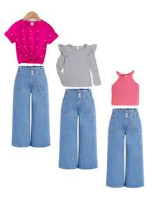 SHEIN 年轻女孩新款度假阳光荷叶边松紧腰舒适柔软水洗宽松休闲时尚牛仔裤 - 中等水洗藍 - 查看 3