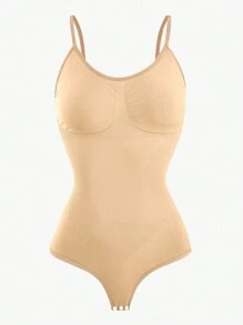 Snug Zone 1pc Women Simple Solid Color Spaghetti Strap Seamless Bodysuit - Apricot - View 6