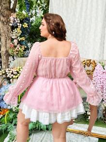 Flirla 大码女式圆领心形领提花刺绣雪纺领带蝴蝶结长袖可爱优雅复古 A 字衬衫，粉色 - 粉色 - 查看 3