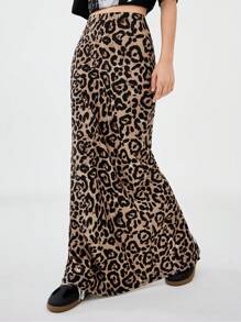 SHEIN Teen Girl Spring/Summer Streetwear/Vintage/Y2K Leopard Print/Cheetah Print Casual Skirt,Mermaid Skirt,Nye,Parent-Child,Girls Valentines - Coffee Brown - View 4