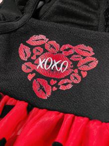 PETSIN 1pc Cute Heart Print & Mesh Contrast Dog Dress, Black With Red Heart, Suitable For Pet Valentine's Day