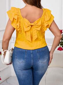 SHEIN Clasi Plus Size Plain Bow Decor Simple Shirt, Casual For Daily Wear - Yellow - View 1