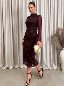 Lavishia 女士时尚抽象印花紧身连衣裙春装情人节连衣裙 - 紫色 - 查看 4