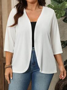 EMERY ROSE Cardigan Wanita Ukuran Plus Lengan Sedang Warna Putih dengan Tekstur Jacquard untuk Liburan Pantai, Pakaian Musim Semi untuk Wanita, Pakaian Musim Panas untuk Wanita, Pakaian Musim Gugur - Putih - View 6