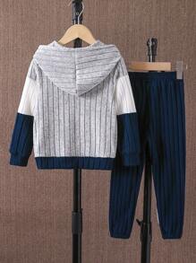 SHEIN 2 件套年轻男孩休闲羊羔绒条纹拼接长袖连帽运动衫和裤子套装，适合春秋季、运动、休闲、日常、户外、学校 - 藏蓝色 - 查看 2