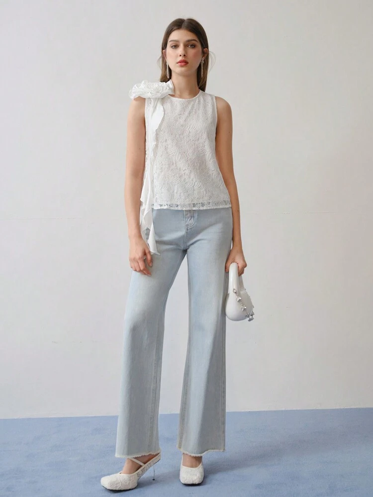 MOTF STUDIO STEREO FLORAL RUFFLE TRIM LACE SLEEVELESS BLOUSE,SPRING/SUMMER