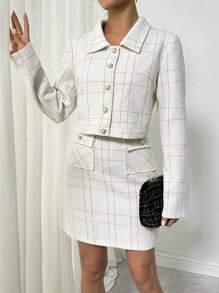 Calvaya 2 stuks/set elegante geruite print jas en mouwloze jurk outfit, herfst