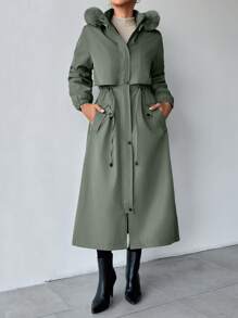 Women's Detachable Fur Collar & Hooded Lined Coat - Mint Green - View 5