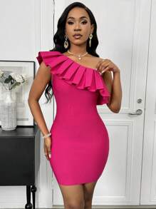 Zolique Charming Elegant Solid Color Pleated Asymmetric Shoulder Bodycon Mini Dress - Hot Pink - View 1
