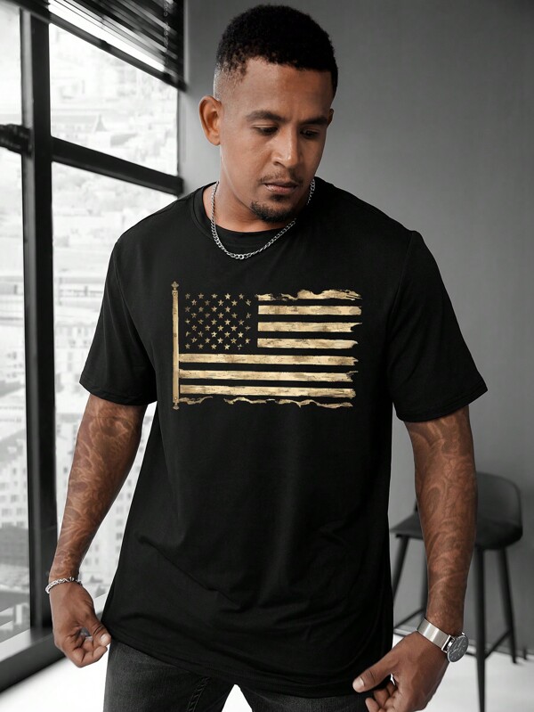 Manfinity LEGND Herren Große Größen T-Shirt mit amerikanischer Flagge Motiv, Rundhalsausschnitt, Kurzarm, Lässig, Sommeroutfit für Ausgehen und Alltag