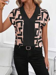 SHEIN Clasi Women's V-Neck Minimalist Geometric Print Casual Blouse,Going Out Tops - Multicolor - View 8