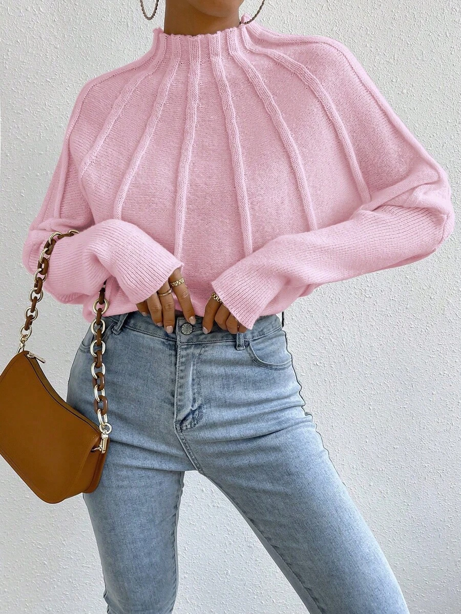 Chiquease Women's Solid Color Stand Collar Batwing Sleeve Casual Pullover Sweater, Autumn And Winter,Long Sleeve Tops, Knit Pullover Fall - Pink - View 1