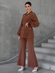 Modelyn 2 件套女士前扣长袖简约上衣和长裤 2 件套 - 棕色 - 查看 4