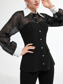 Modelyn 女士休闲简约时尚衬衫，日常穿着 - 黑與白 - 查看 4