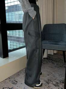 DAZY Pantalones largos sueltos con pliegues y bolsas para mujer - Gris - Ver 3