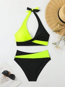 SHEIN Swim 2pcs/Set Women Solid Color Splice Bikini Top And Bottom Swimwear Summer - Multicolor - View 3