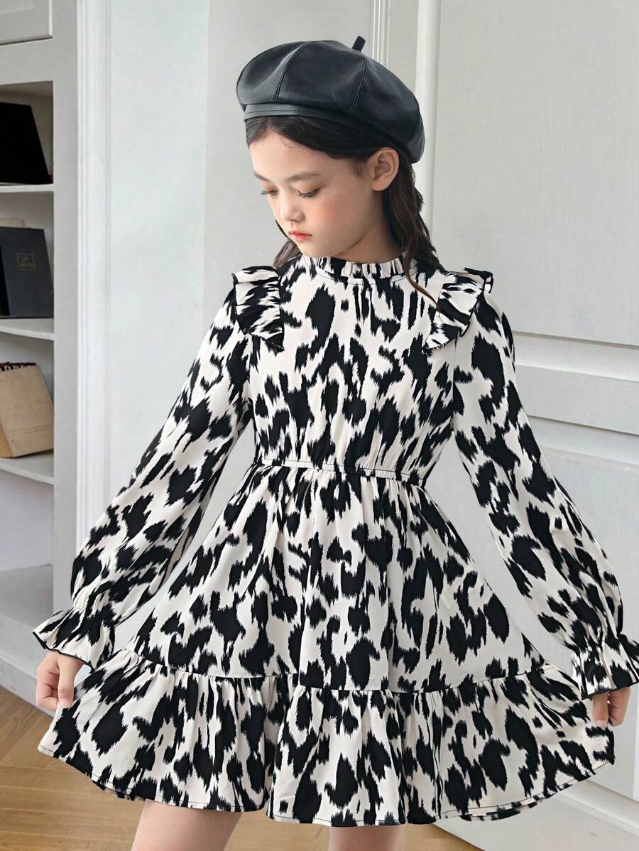 SHEIN Trang phục thường ngày có cổ đứng nhỏ có hoa dệt bằng vải xù của Tween Girl - Đen và trắng - Xem 1