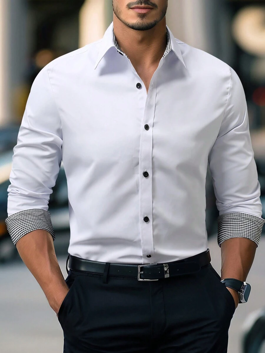 Manfinity Mode Men's Casual Long Sleeve Shirt For Commuting, Autumn - White - View 1