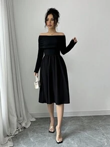 Elenzga Women's Solid Color Off-Shoulder Long Sleeve Casual Elegant Black Dress
