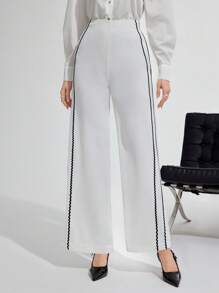 Modelyn Casual Contrast Trim High Waist Wide Leg Pants - White - View 7