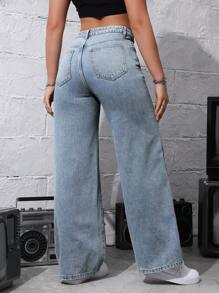 休闲洗水高腰直筒牛仔裤 - 淺色水洗藍 - 查看 2