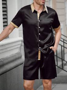 Manfinity Homme Men's Casual Colorblock Patchwork Short Sleeve Shirt And Shorts Set,Men Two Pieces Outfits