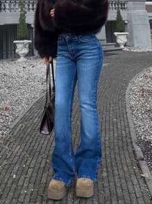 RueChic Elastische mid waist flare jeans met jacron - Medium gebleekt - Bekijken 4