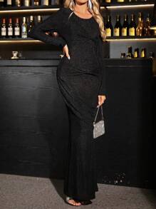 SHEIN PETITE Schwarzes Glitzer-Maxi-Kleid mit Schleifendetail und Langarm - Weiss - Übersicht 3