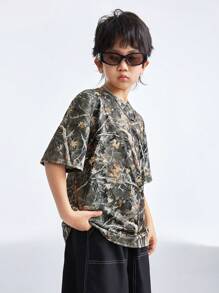Coolane Kids Camiseta de manga corta de cuello redondo con estampado de camuflaje informal para adolescentes