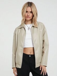 Easelle Áo khoác da PU hở vai có khóa kéo thời trang và giản dị - Màu be - Xem 4