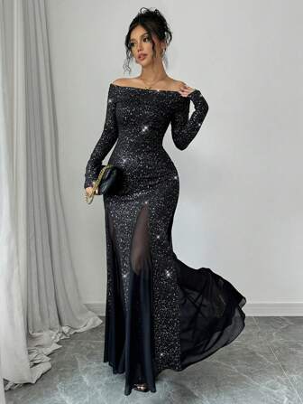 Rafferiza Vestido largo con línea A, elegante, con hombros descubiertos, con cuello y cintura, con lentejuelas, para mujer, adecuado para otoño/invierno y Año Nuevo