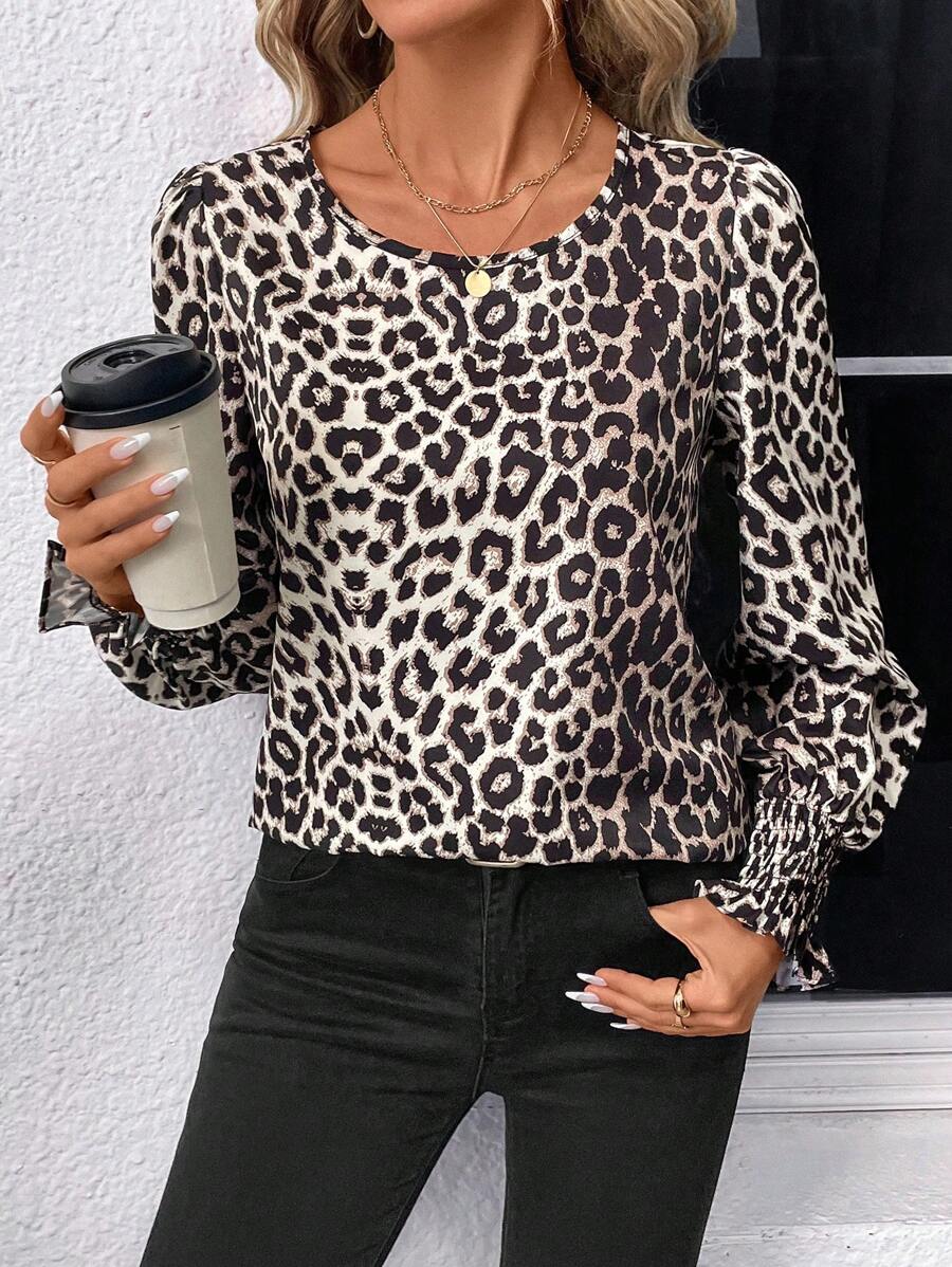 SHEIN LUNE Seasonal Spring New Arrivals Ruffle Sleeve Round Neck Leopard Top, Brown Leopard Top - Black - View 1