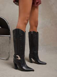 SHUZIA Women Cowboy Cute Western Styled Buckled Decor Black High Heeled Boots New Year Holiday - Black - View 3