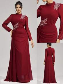 Coutiva 舞会礼服，优雅珍珠袖口长袖优雅正式长袖新年礼服，晚间伴娘礼服，婚礼宾客礼服，派对礼服 - 酒紅色 - 查看 1
