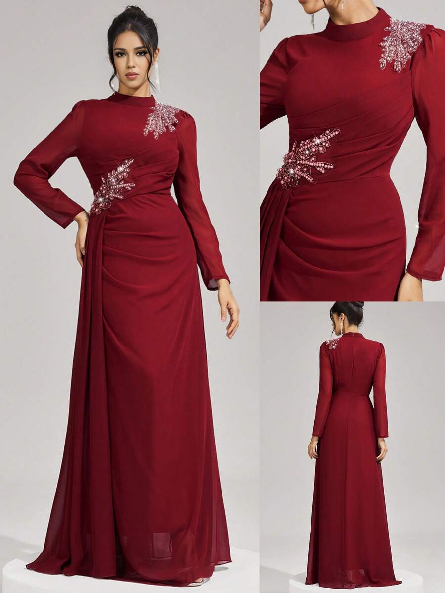 Coutiva 舞会礼服，优雅珍珠袖口长袖优雅正式长袖新年礼服，晚间伴娘礼服，婚礼宾客礼服，派对礼服 - 酒紅色 - 查看 1