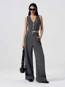 LYSMO 女式无袖条纹简约衬衫和长裤套装 - 灰色 - 查看 1