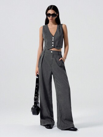 LYSMO 女式无袖条纹简约衬衫和长裤套装