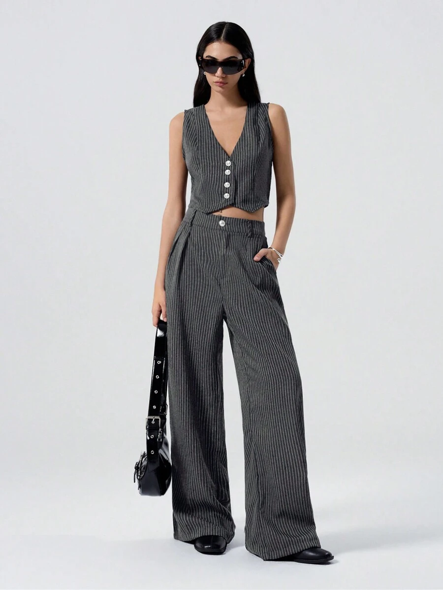 LYSMO 女式无袖条纹简约衬衫和长裤套装 - 灰色 - 查看 1