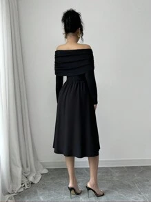 Elenzga Women's Solid Color Off-Shoulder Long Sleeve Casual Elegant Black Dress