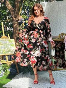 Lyrianda Plus Size Square Neck Long Sleeve Chiffon Floral Print A-Line Midi Dress, Elegant Vintage Resort Style For Women - Black - View 6