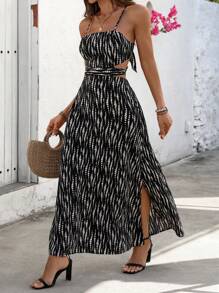 Chiquease Women's Holiday Cut-Out Waist Contrast Color Print Slit Open Back Cami Dress - Black - View 5