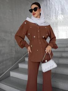 Modelyn 2 件套女士前扣长袖简约上衣和长裤 2 件套 - 棕色 - 查看 3