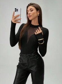 SHEIN Tall Women's Fashion Mesh Splice Long Sleeve Fingerhole Black Bodysuit Fall Cloth For Women - Black - View 3