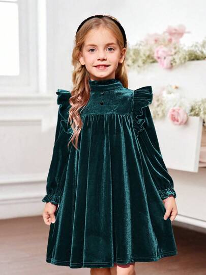 SHEIN 年轻女孩天鹅绒酒红色立领荷叶边修身优雅连衣裙，圣诞连衣裙，适合秋冬季，圣诞节红色，派对装，日常装学校日常装，生日连衣裙，公主裙